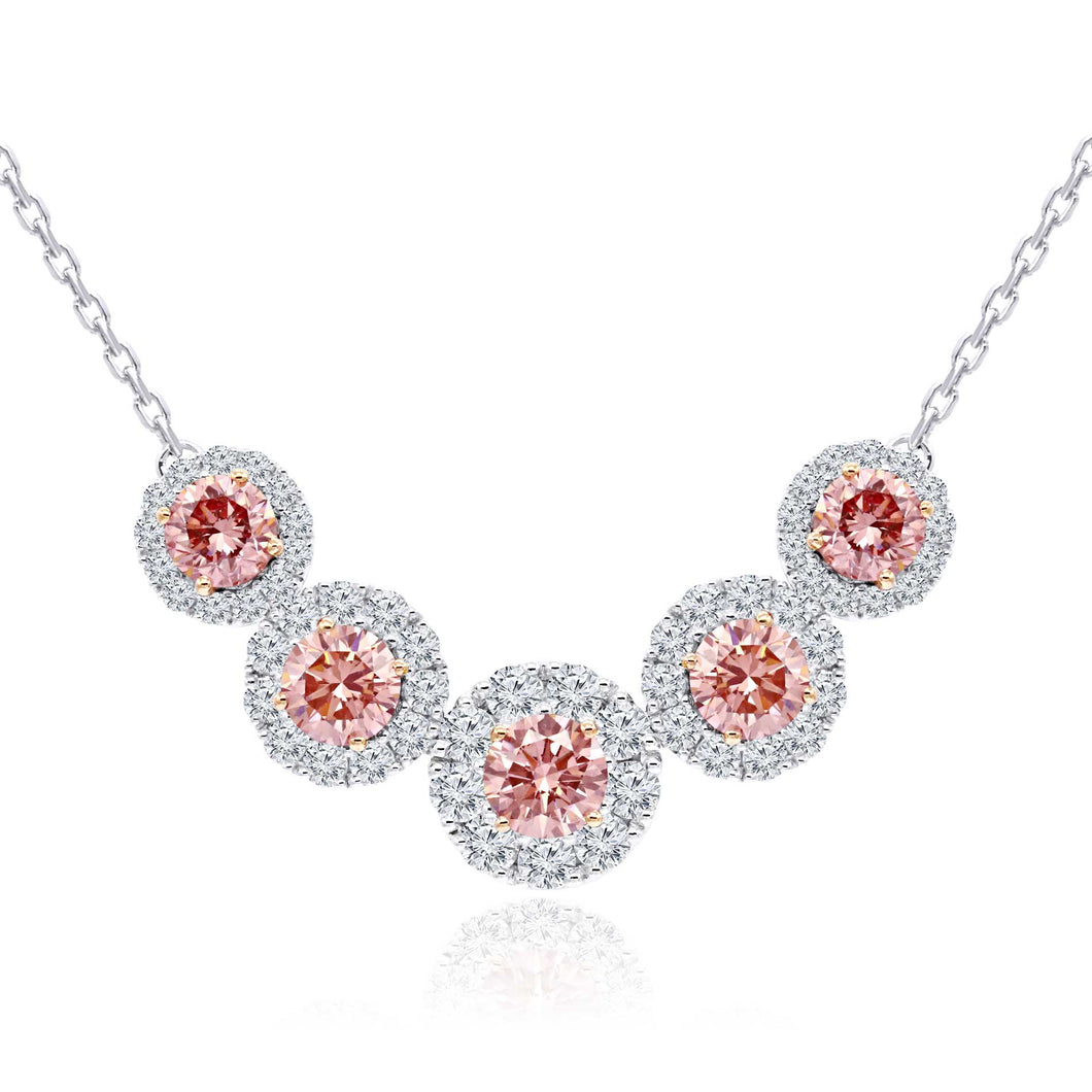 4.15CTTW Pink and White Lab-Created Diamond Halo 5 Stone Station Necklace in 14K White & Rose Gold