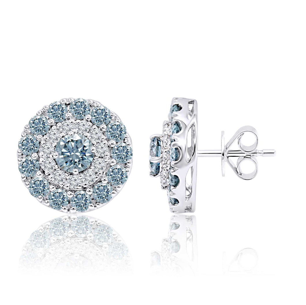 3.80CTTW Ice Blue and White Lab-Created Diamond Double Halo Stud Earrings in 14K White Gold