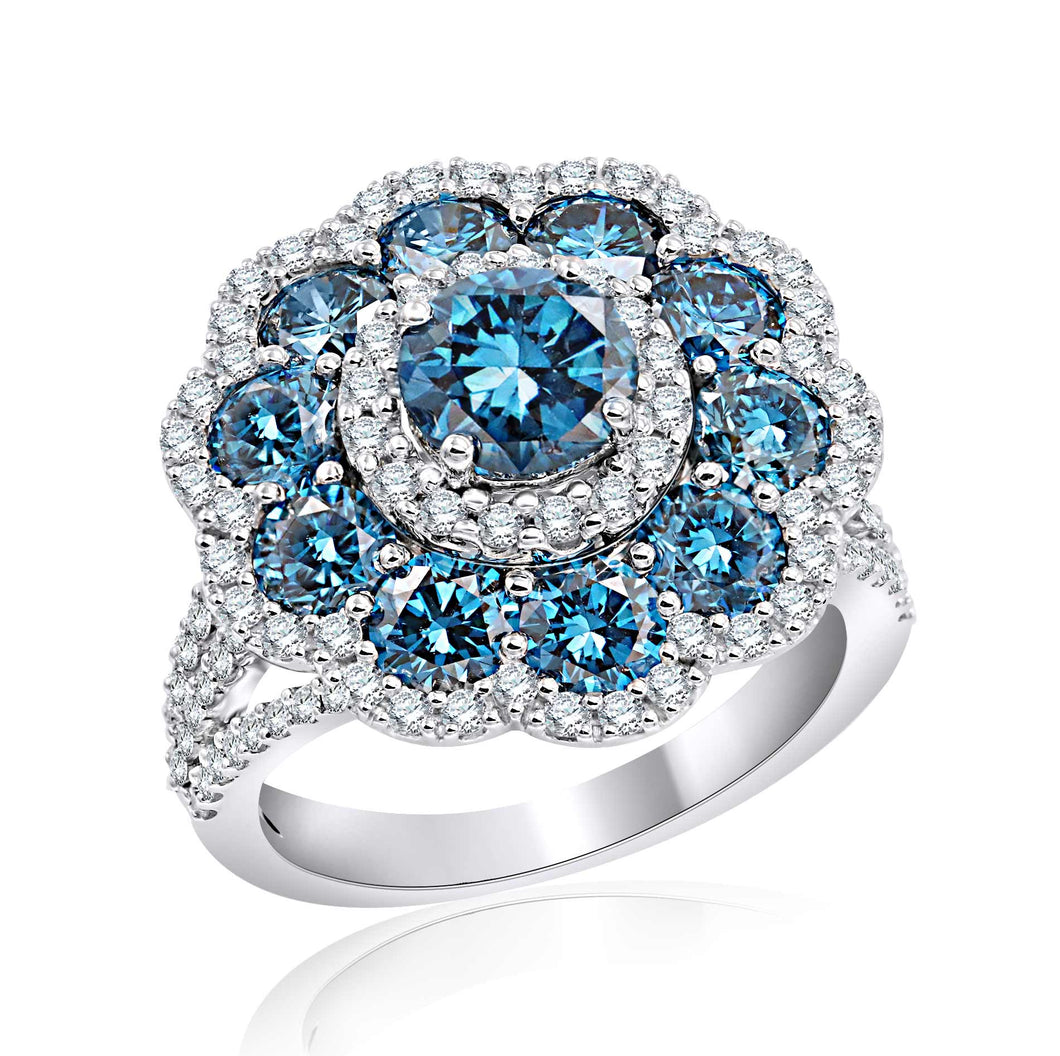 4.65CTTW Royal Blue and White Lab-Created Diamond Flower Cocktail Ring in 14K White Gold
