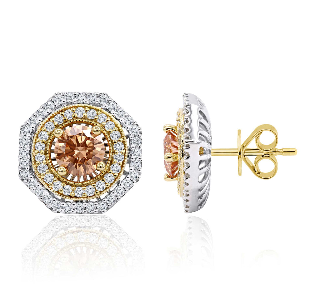 1.65CTTW Orange and White Lab-Created Diamond Double Halo Stud Earrings in 14K White & Yellow Gold