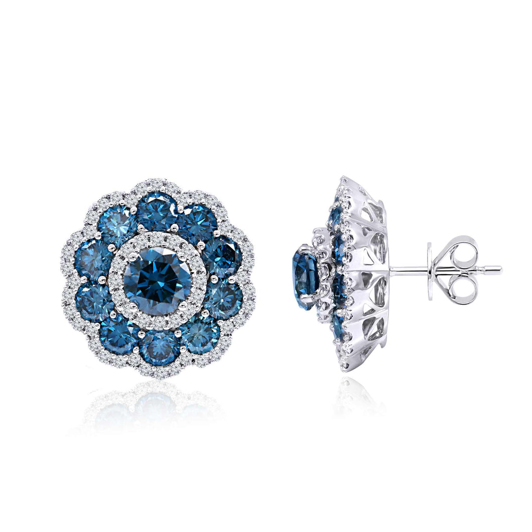 5.90CTTW Royal Blue and White Lab-Created Diamond Flower Stud Earrings in 14K White Gold