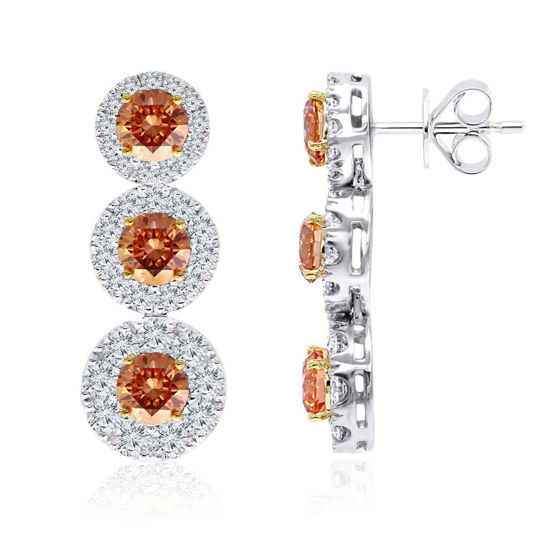 5.23 ctw. Orange and White Lab-Created Diamond 3 Stone Halo Drop Earrings in 14K White & Yellow Gold (Copy)