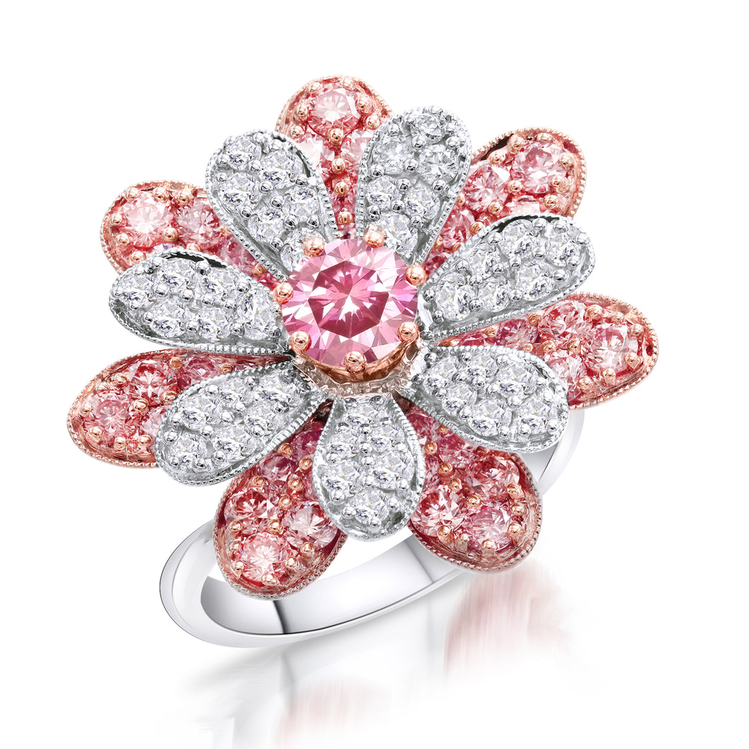 2.90CTTW Pink and White Lab-Created Diamond Flower Ring in 14K White & Rose Gold