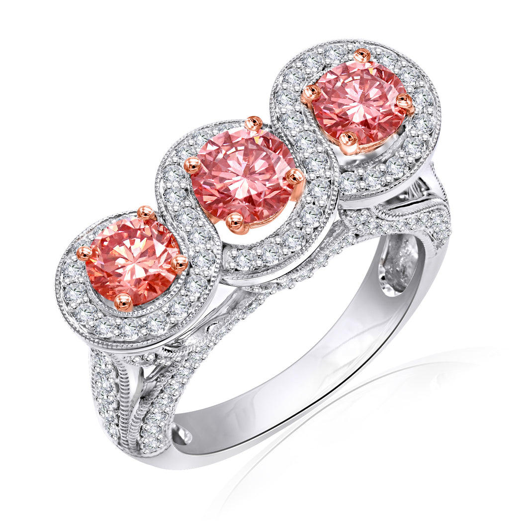 2.55CTTW Pink and White Lab-Created Diamond 3 Stone Halo Swirl Ring in 14K White & Rose Gold