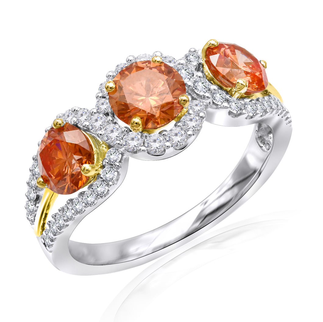 2.10CTTW Orange and White Lab-Created Diamond 3 Stone Halo Swirl Ring in 14K White & Yellow Gold