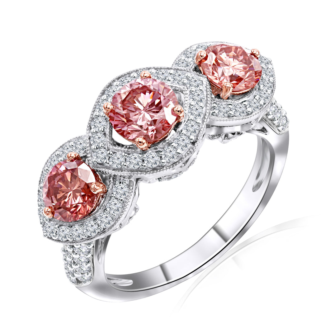 2.50CTTW Pink and White Lab-Created Diamond 3 Stone Halo Ring in 14K White & Rose Gold