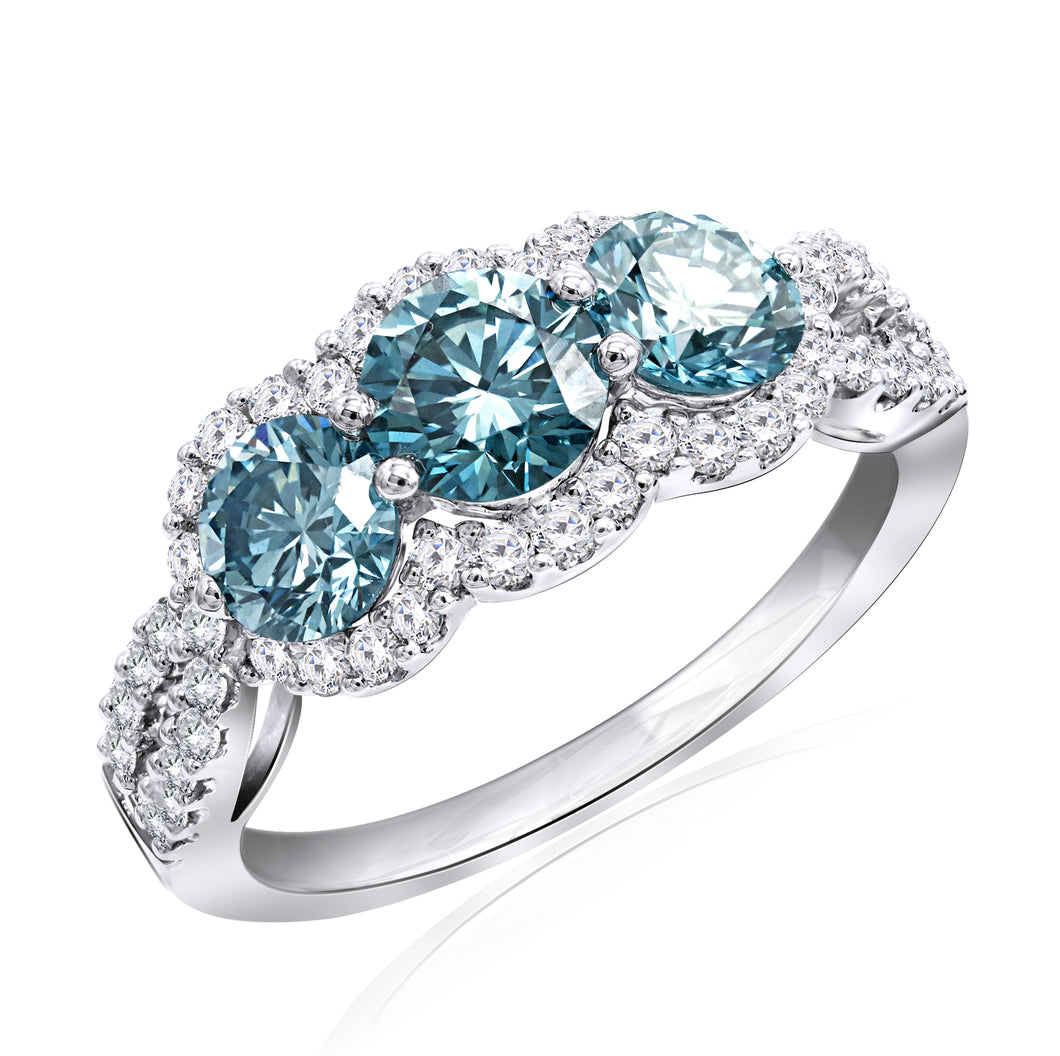 2.10 ctw. Ice Blue and White Lab-Created Diamond 3 Stone Halo Ring in 14K White Gold