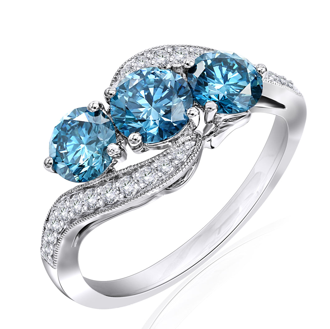 1.85CTTW Royal Blue and White Lab-Created Diamond 3 Stone Ring in 14K White Gold