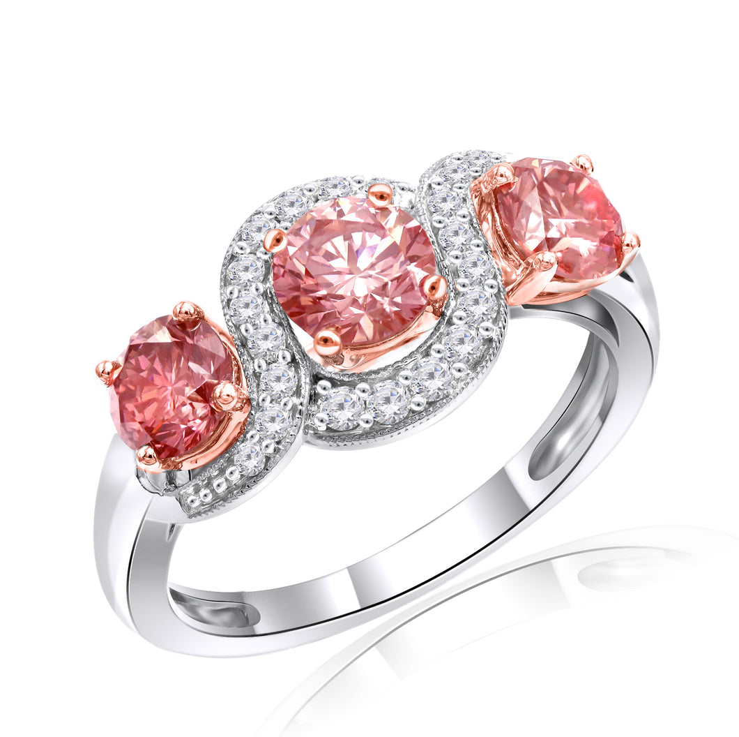 1.50CTTW Pink and White Lab-Created Diamond 3 Stone Swirl Ring in 14K White & Rose Gold