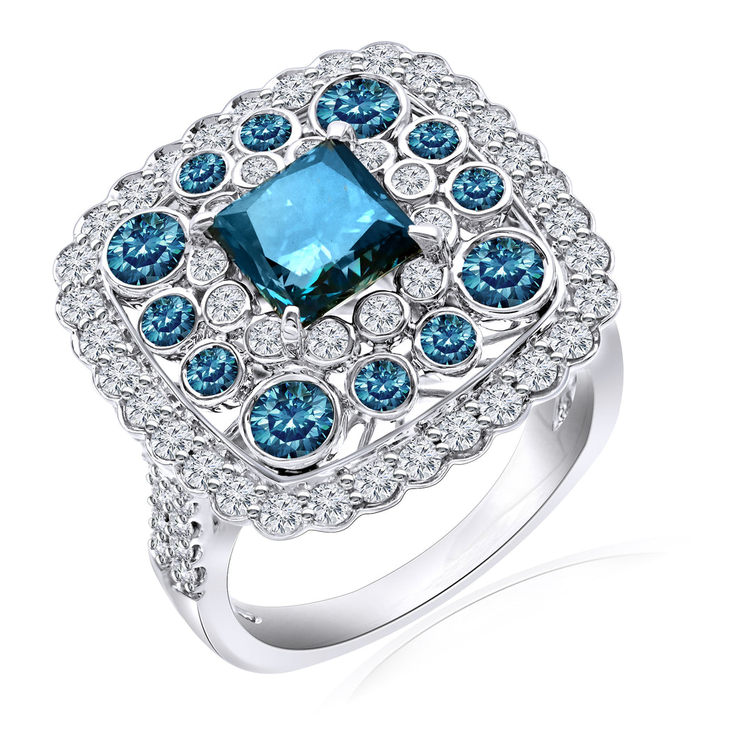 3.60CTTW Royal Blue and White Lab-Created Diamond Cocktail Ring in 14K White Gold
