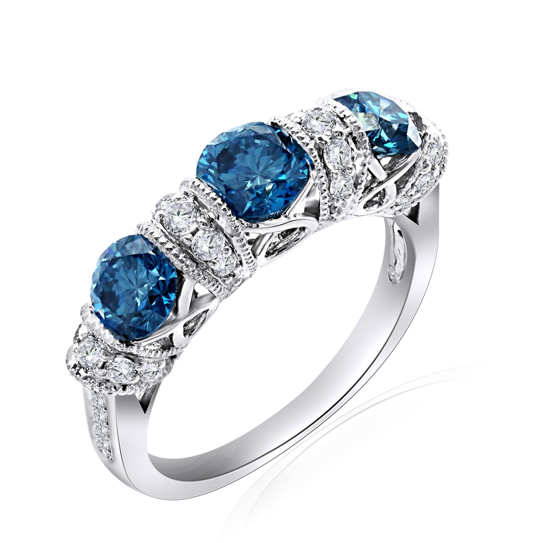 2.20CTTW Royal Blue and White Lab-Created Diamond 3 Stone Ring in 14K White Gold