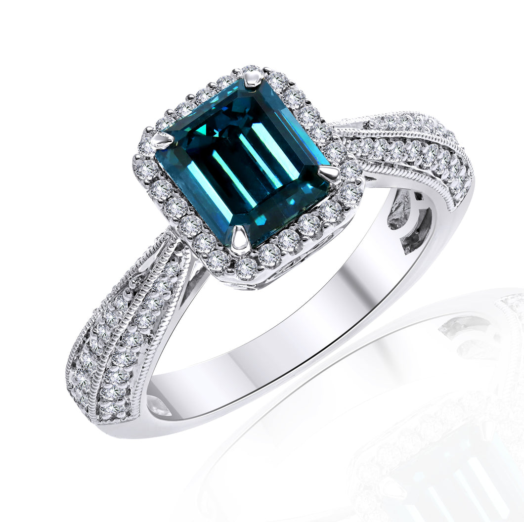 2.50CTTW Emerald Cut Royal Blue and White Lab-Created Diamond Halo Ring in 14K White Gold