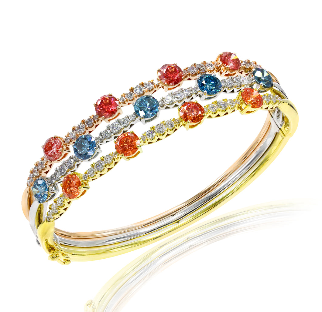 8.20CTW Lab-Created Multicolor and White Diamond 3 Row Bangle in 14K Tri-Gold