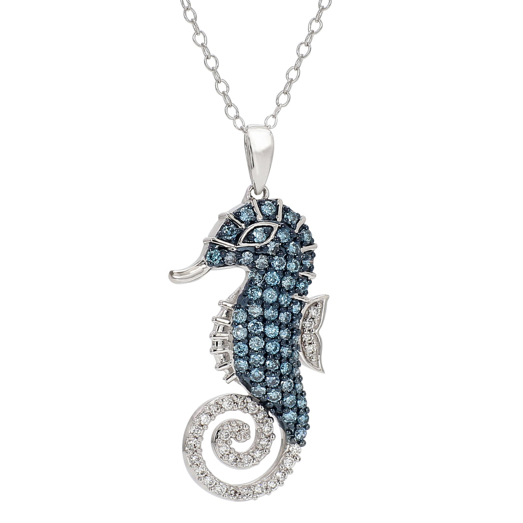 0.75 ctw. Lab-Created Blue & White Diamond Seahorse Pendant in 14K White Gold