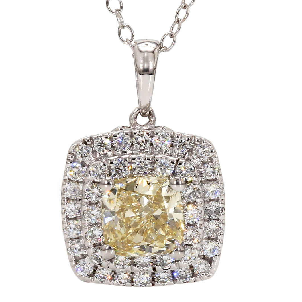 1.75CT.TW Yellow Cushion Cut Lab-Created Diamond Pendant with Double Halo in 14K White Gold