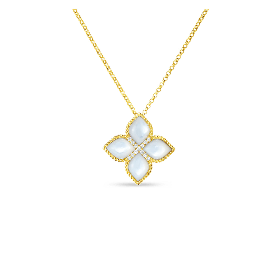 18K Yellow Gold Large Flower Mother Mother-of-Pearl & Diamond Pendant