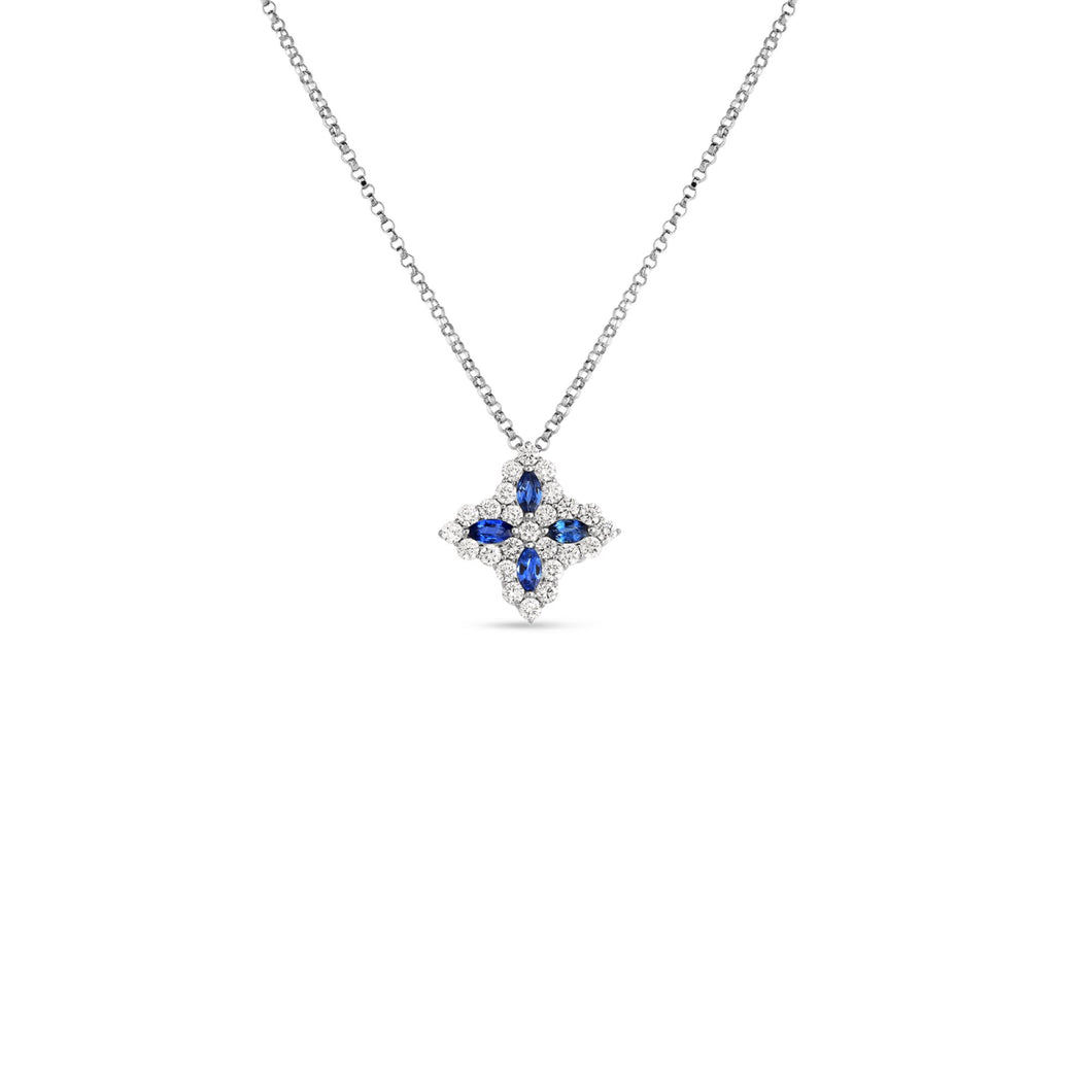 18K White Gold Diamond & Sapphire Princess Flower Medium Pendant