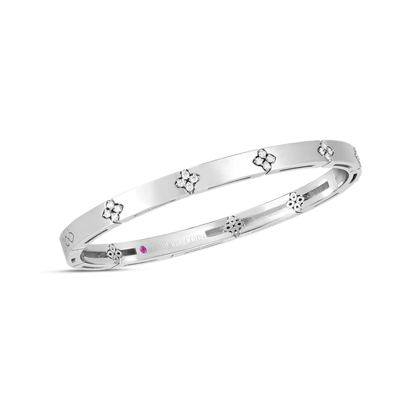 18K White Gold Verona Narrow Width Bangle With Diamond Accent