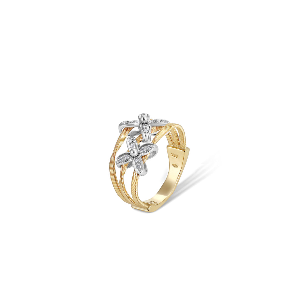 Marrakech Onde Collection 18K Yellow and White Gold Ring with Two Diamond Flowers