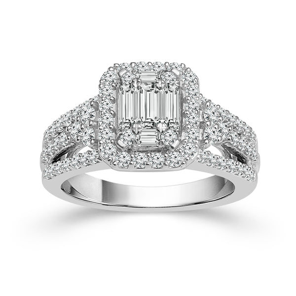 14K White Gold 1.50 CTW Round and Baguette Diamond Ring