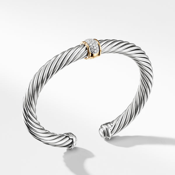 Cable Classics Bracelet in Sterling Silver with Pave© Diamond Station and 18K Yellow Gold