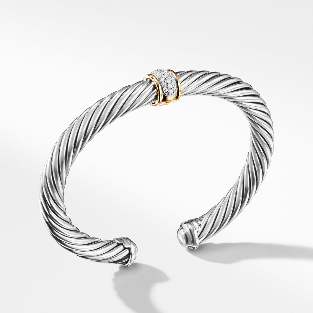 Cable Classics Bracelet in Sterling Silver with Pave© Diamond Station and 18K Yellow Gold