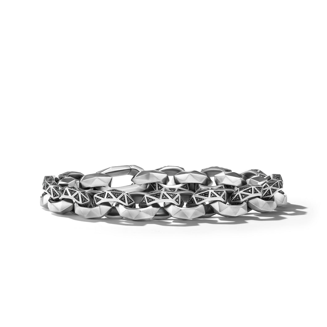 Torqued Faceted Link Bracelet in Sterling Silver with Pavé Black Diamonds