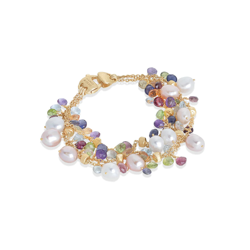 Paradise Collection 18K Yellow Gold Mixed Gemstone and Pearl Triple Strand Bracelet