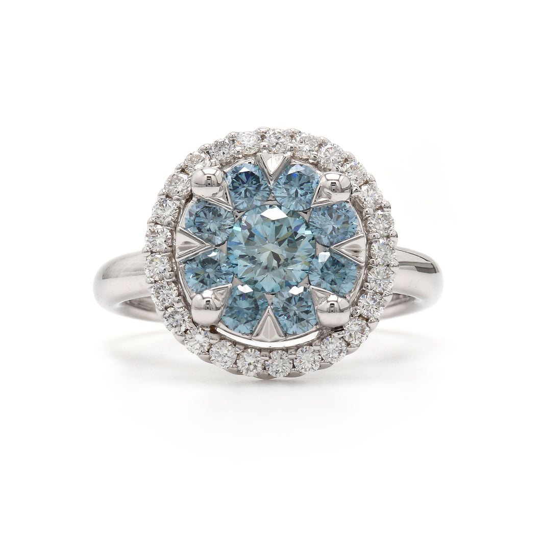 Lab Grown Ice Blue and White Diamond Halo Cluster Ring