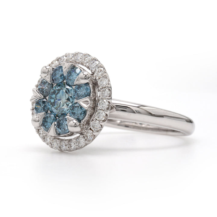 Lab Grown Ice Blue and White Diamond Halo Cluster Ring