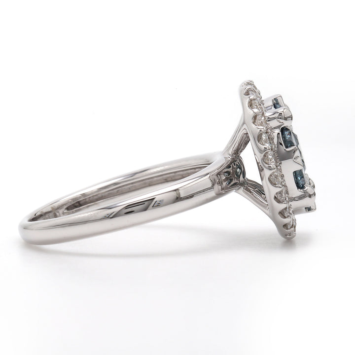 Lab Grown Ice Blue and White Diamond Halo Cluster Ring