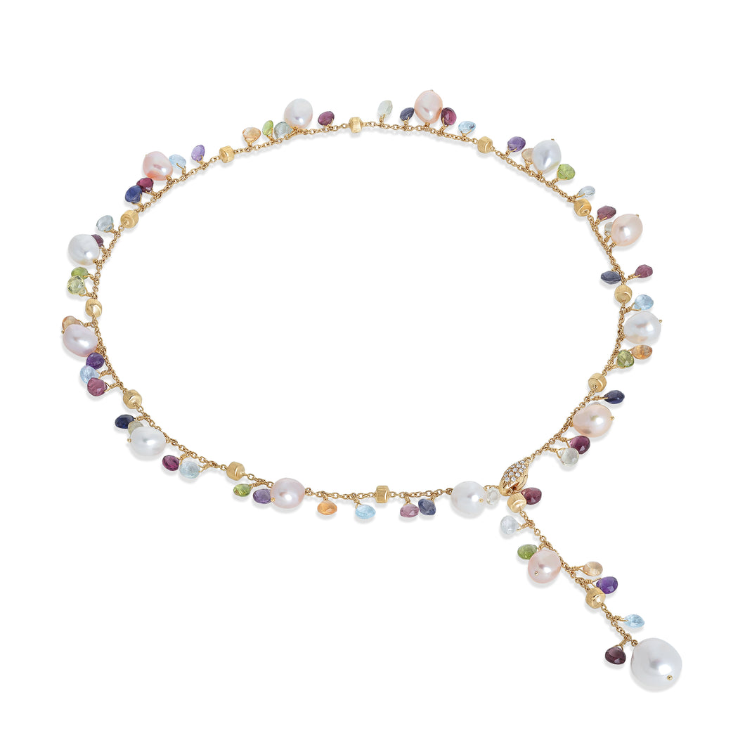 Paradise Collection 18K Yellow Gold Mixed Gemstone and Pearl Lariat Necklace