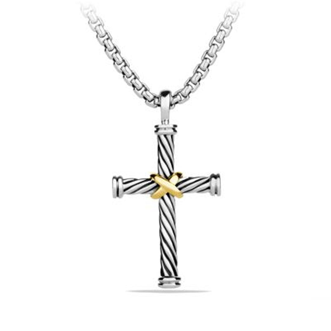 Cable Cross Pendant in Sterling Silver with 18K Yellow Gold, 35mm