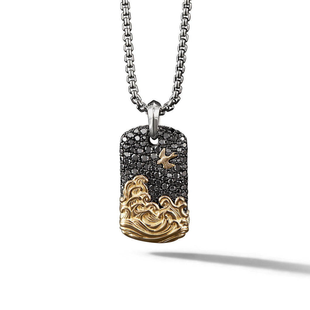 Waves Tag in Sterling Silver with Pave© Black Diamonds and 18K Yellow Gold