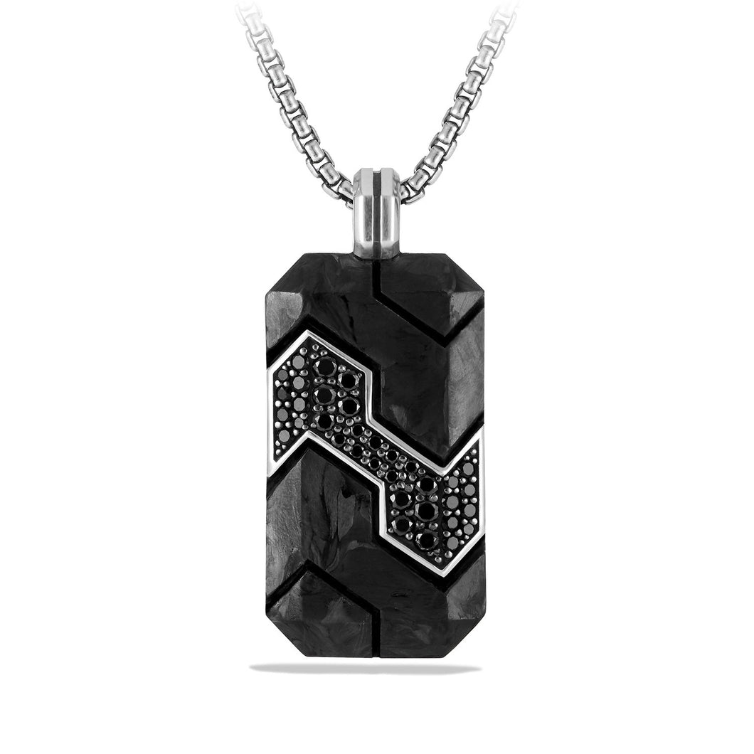 Forged Carbon Tag with Black Diamonds in Silver