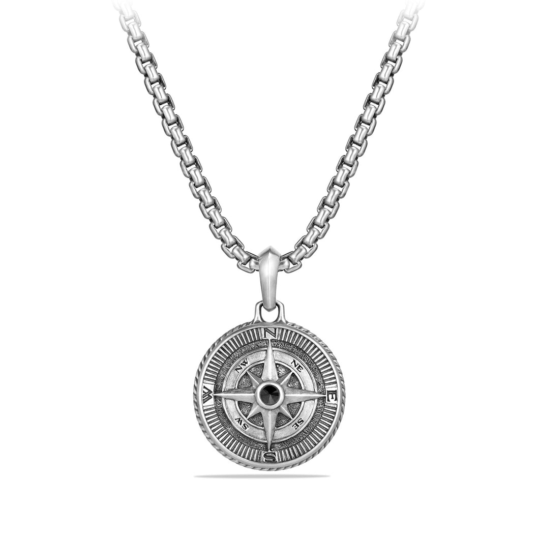 Maritime Compass Amulet in Sterling Silver with Center Black Diamond