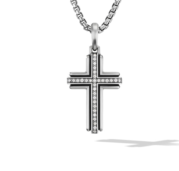 Deco Cross Pendant in Sterling Silver with Pave© Diamonds