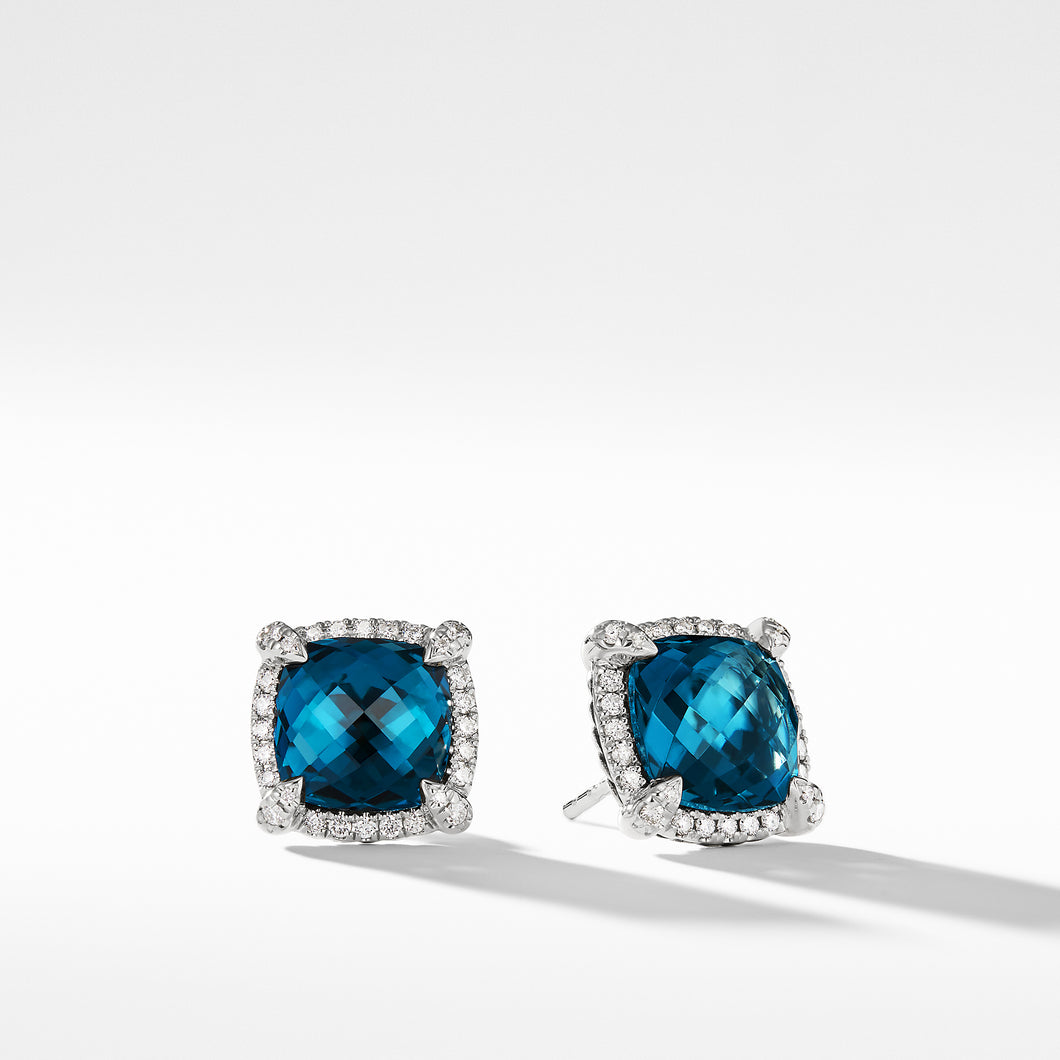 Chatelaine Pave Bezel Stud Earring with Hampton Blue Topaz and Diamonds, 9mm