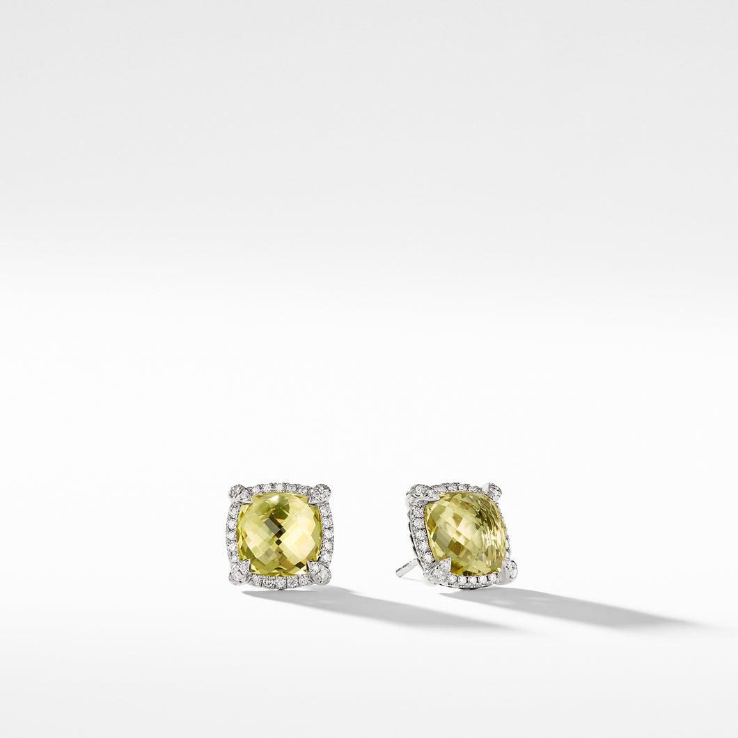 Chatelaine Pave Bezel Stud Earring with Lemon Citrine and Diamonds, 9mm