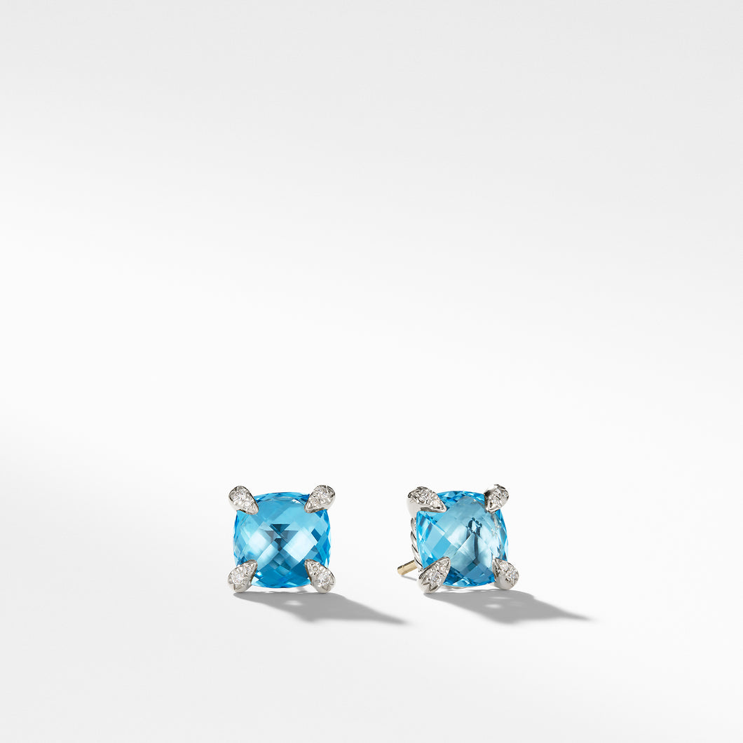 Chatelaine Stud Earrings with Blue Topaz and Diamonds, 9mm