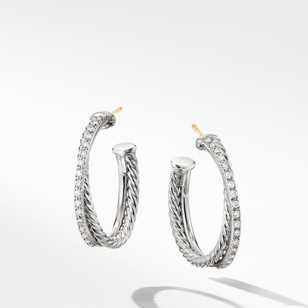 Crossover Hoop Earrings in Sterling Silver with Pave© Diamonds