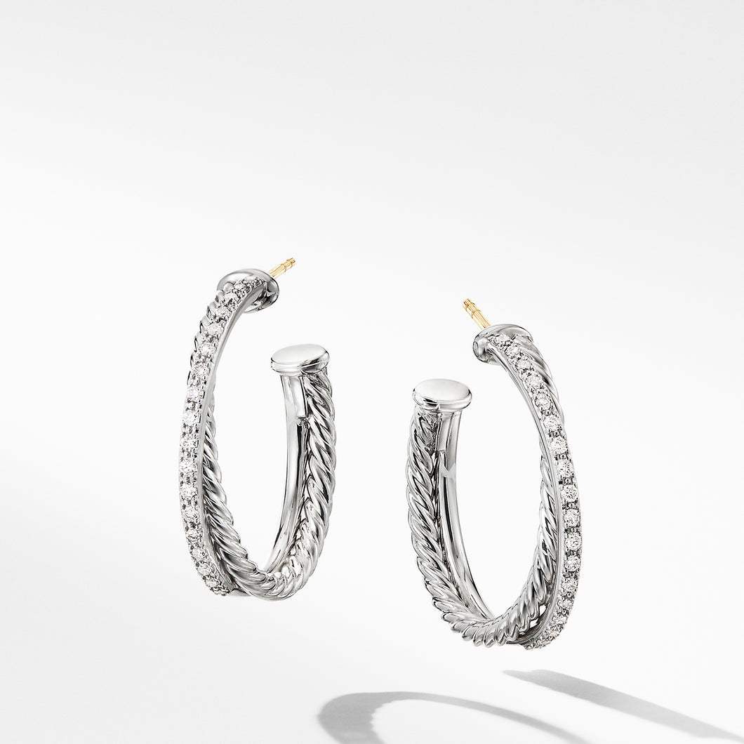 Crossover Hoop Earrings in Sterling Silver with Pavé Diamonds