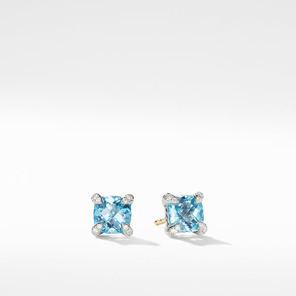 Petite Chatelaine Stud Earrings in Sterling Silver with Blue Topaz and Pave© Diamonds