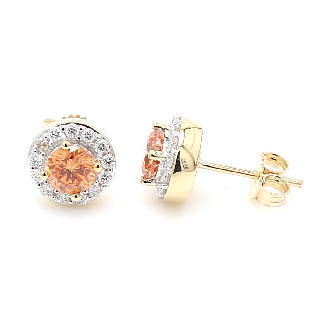 1.07CTTW Orange and White Lab-Created Diamond Halo Stud Earrings in 14K Yellow Gold