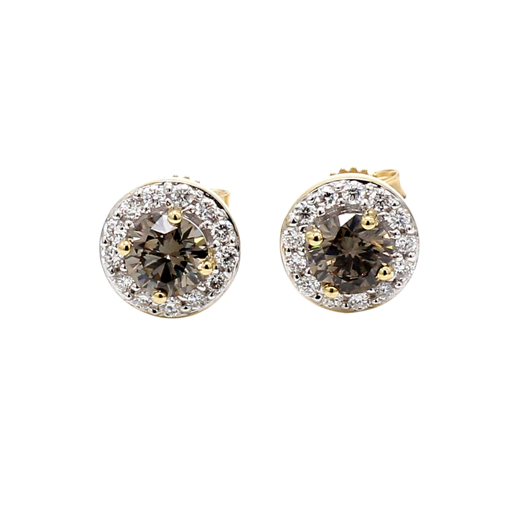 1.05CTTW Olive and White Lab-Created Diamond Halo Stud Earrings in 14K Yellow Gold