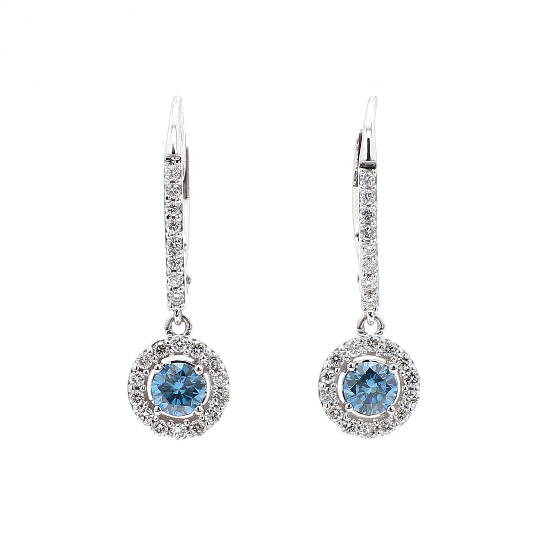0.97CTTW Lab-Created Diamond Royal Blue and White Halo Drop Earrings in 14K White Gold
