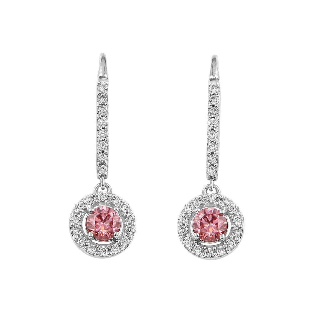 1.00CTTW Lab-Created Diamond Pink and White Halo Drop Earrings in 14K White Gold