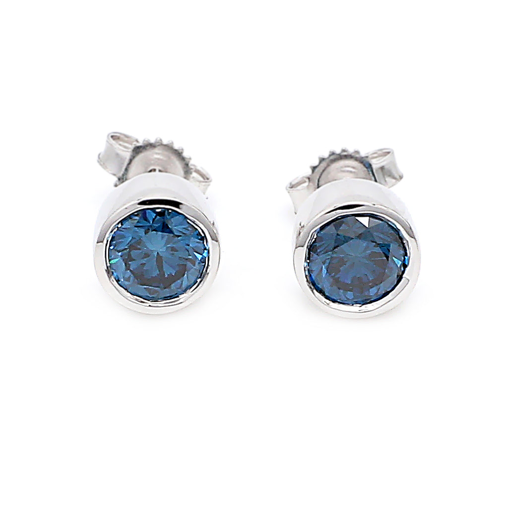 1.27CTTW Lab-Created Diamond Royal Blue Bezel Set Stud Earrings in 14K White Gold