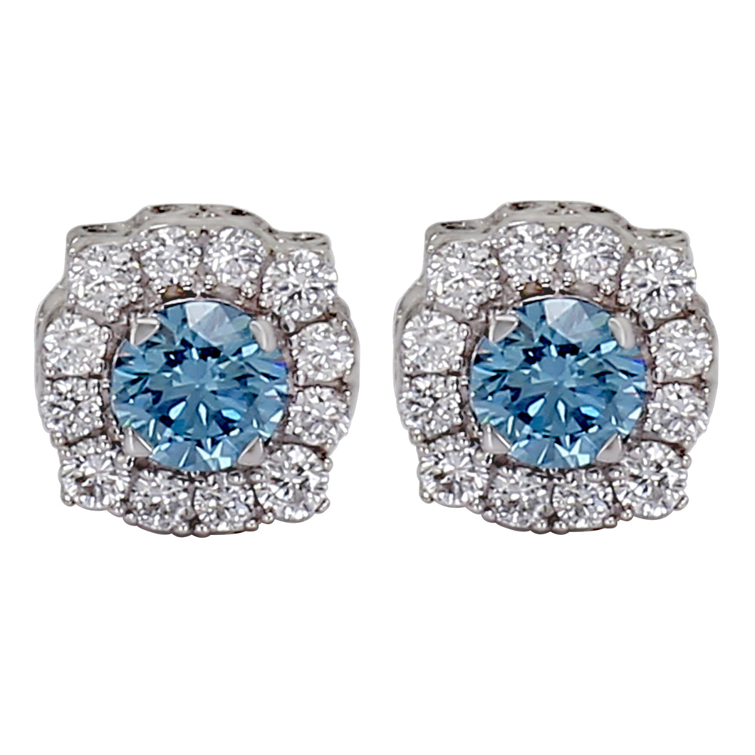 1.00CTTW Blue and White Lab-Created Diamond Halo Earrings in 14K White Gold