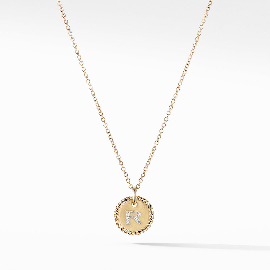 R Initial Charm Necklace in 18K Yellow Gold with Pavé Diamonds